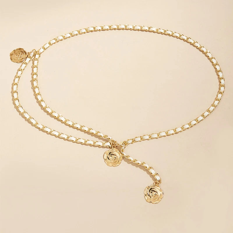 High Quality Metal Waist Chain Belts For Women Round Flower Pendant Chain Strap Rope Female Fine Waistband Dress Shirt Decoratio
