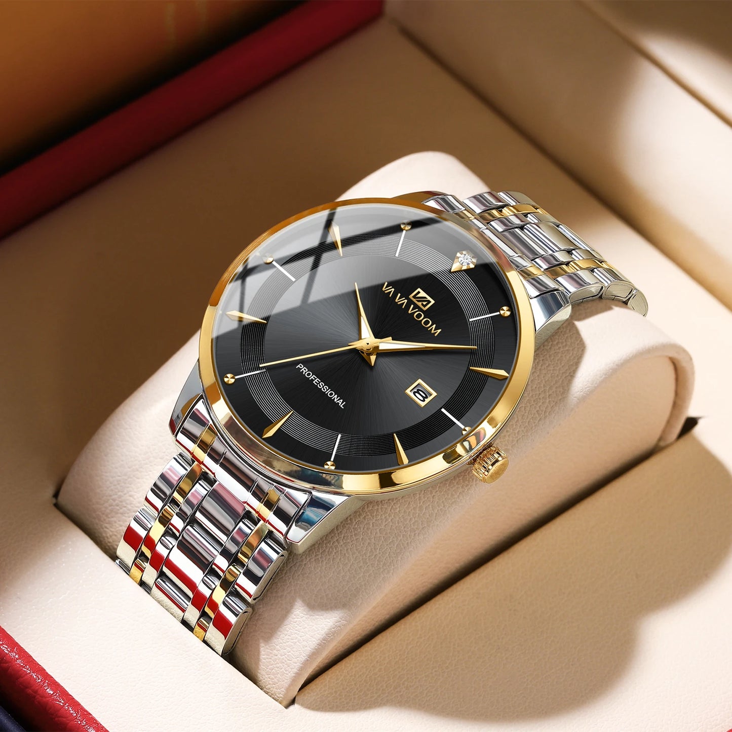 2024 New Men Watch Stainless Steel Business Style Luxury Rhinestone 43mm Blue Gold Quartz Movement Wristwatch Relogios Masculino