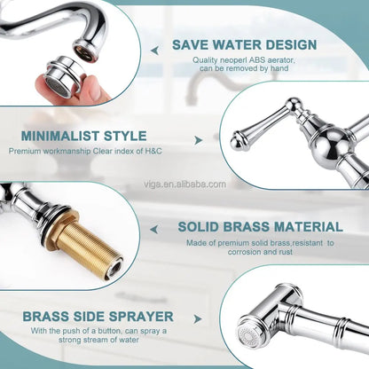 4 Hole Kitchen Faucet, 8 Inch Centerset Brass Bridge Kitchen Tap with Side Sprayer, Vintage Farmhouse Kitchen Sink Faucet Chrome