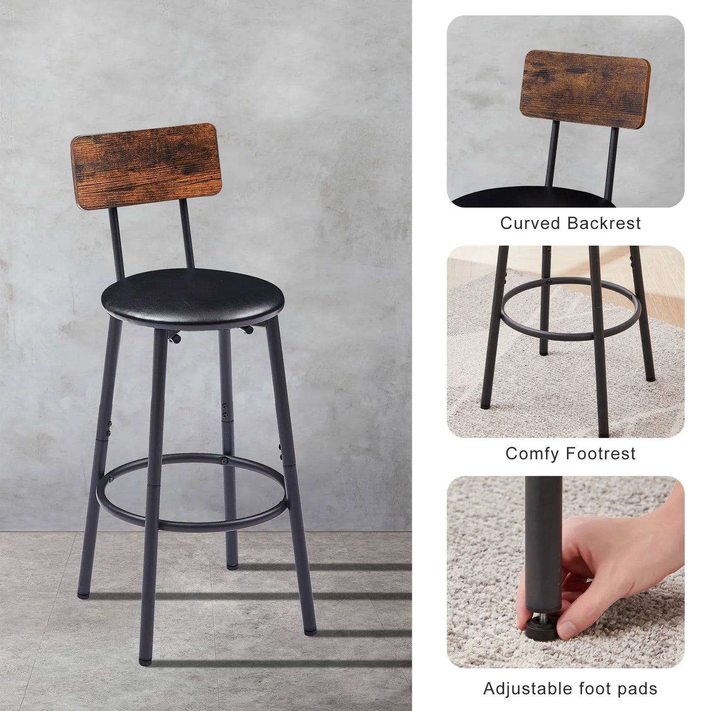 Round Bar Stool Set with Shelf and Backrest Upholstered Rustic Brown 23.62'' W X 23.62'' D X 35.43'' H