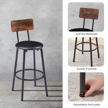 Round Bar Stool Set with Shelf and Backrest Upholstered Rustic Brown 23.62'' W X 23.62'' D X 35.43'' H