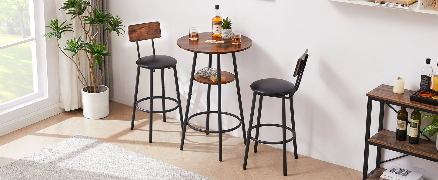 Round Bar Stool Set with Shelf and Backrest Upholstered Rustic Brown 23.62'' W X 23.62'' D X 35.43'' H