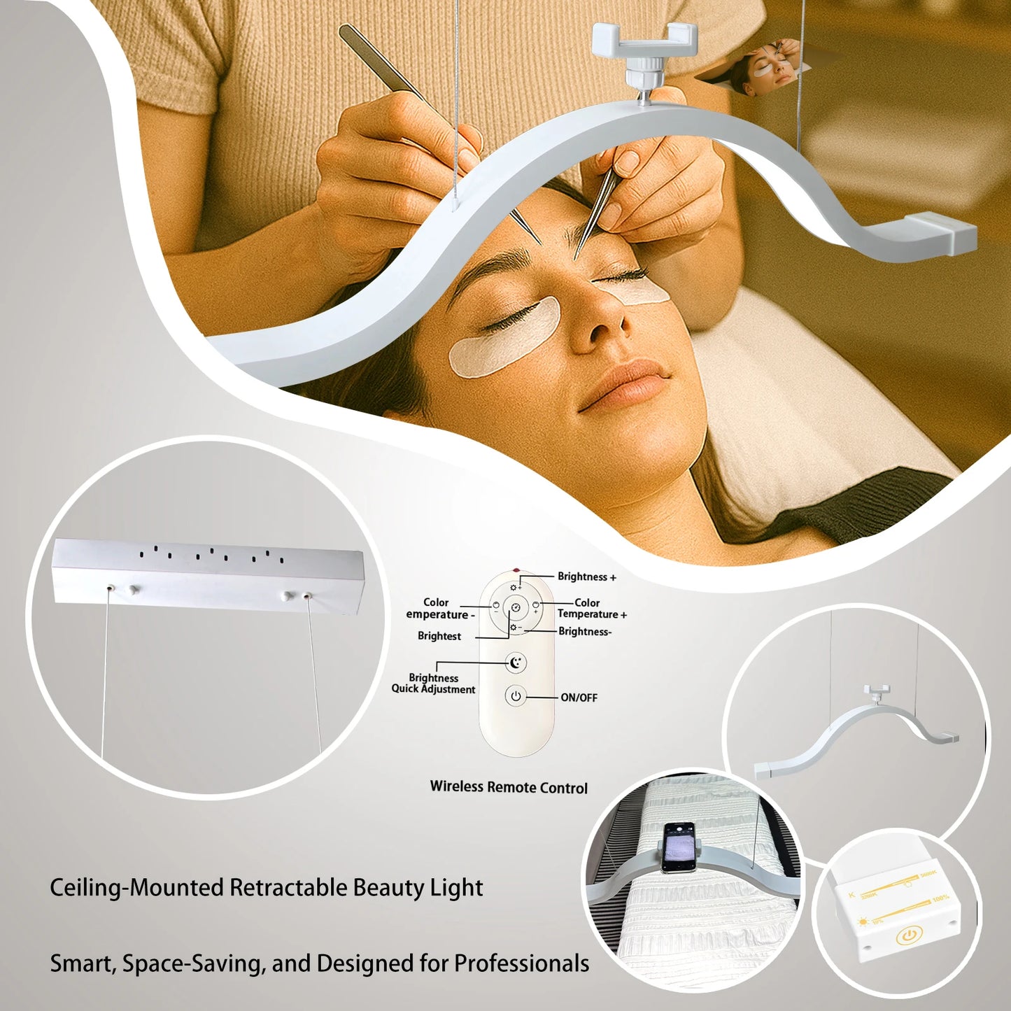FOSOTO Half Moon Ceiling LED Fill Lamp with Phone Clip for Lashes Eyelash Photography Led Ring Light  Beauty Salon Lamp
