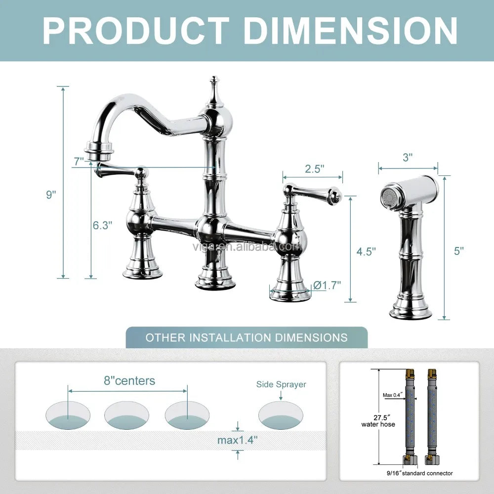 4 Hole Kitchen Faucet, 8 Inch Centerset Brass Bridge Kitchen Tap with Side Sprayer, Vintage Farmhouse Kitchen Sink Faucet Chrome