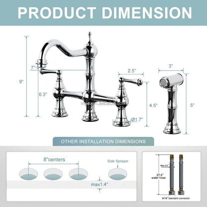 4 Hole Kitchen Faucet, 8 Inch Centerset Brass Bridge Kitchen Tap with Side Sprayer, Vintage Farmhouse Kitchen Sink Faucet Chrome