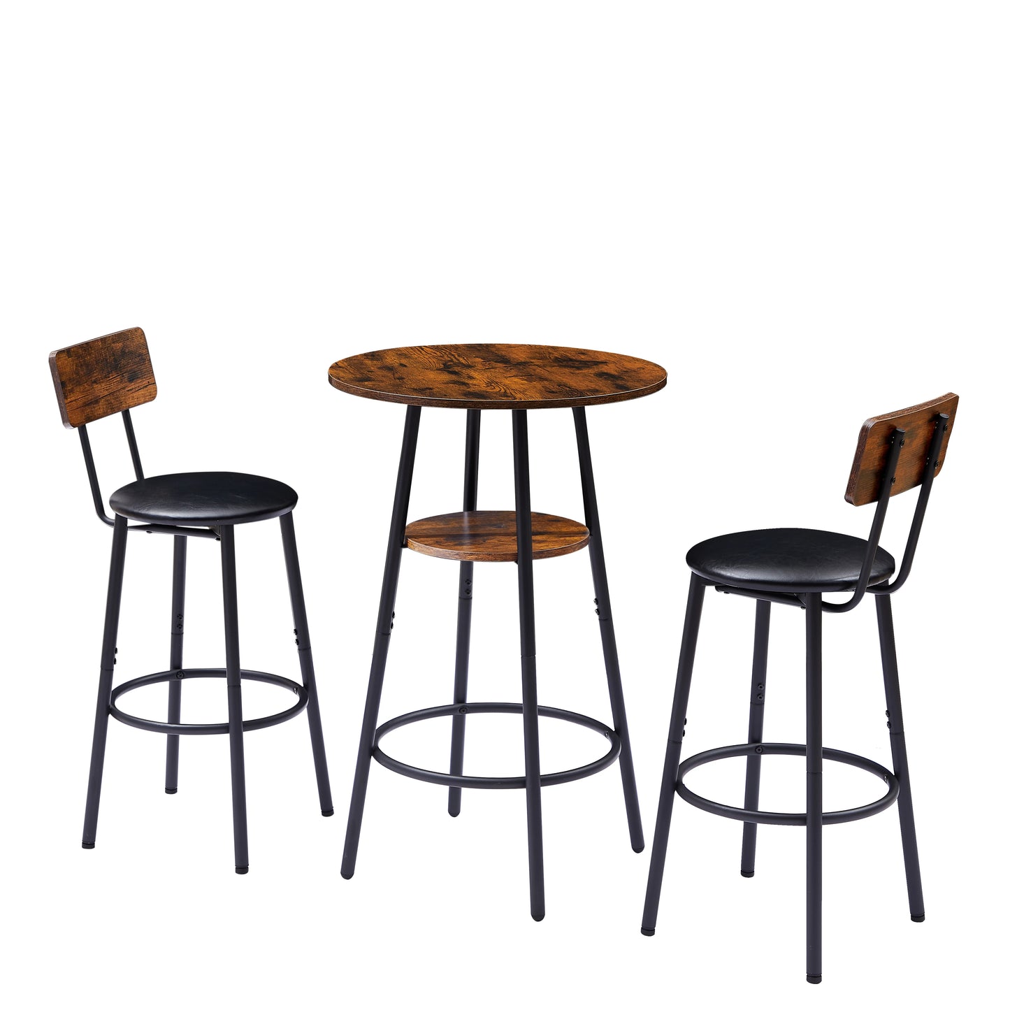 Round Bar Stool Set with Shelf and Backrest Upholstered Rustic Brown 23.62'' W X 23.62'' D X 35.43'' H
