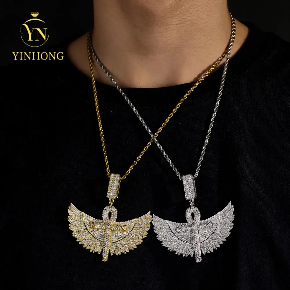 925 Sterling Silver Gold Plated Trendy Angel Wings Moissanite Pendant Jewelry  Iced Out Pave Luxury Hip Hop Men Necklace