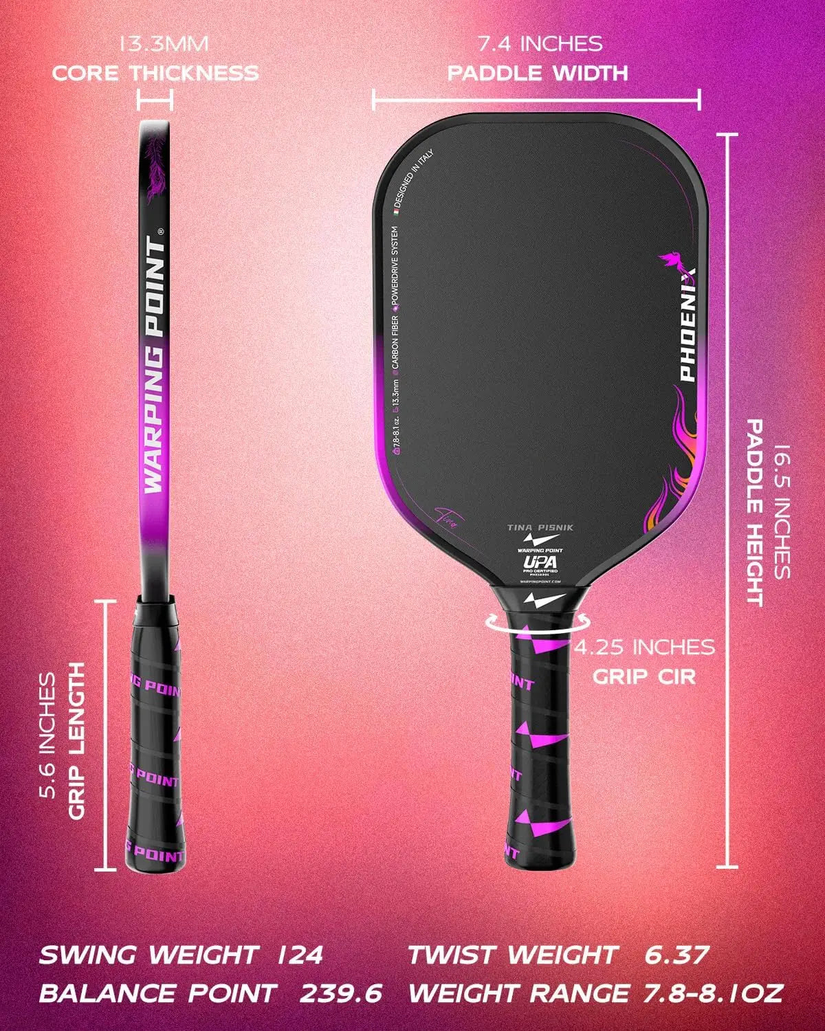 Warping Point Tina Pisnik Phoenix Pickleball Paddle UPA-A Approved Raw T700 Carbon Fiber 16MM/13.3MM Power Drive System Precise