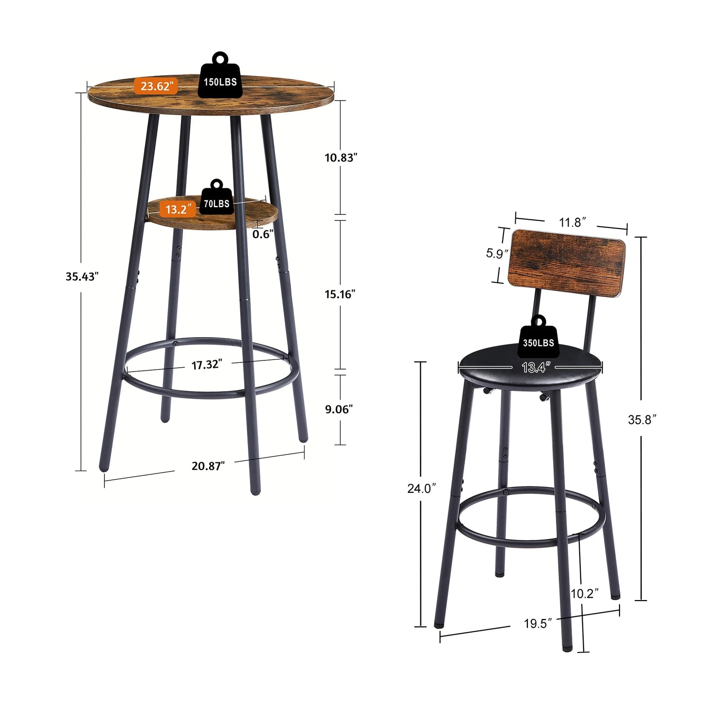Round Bar Stool Set with Shelf and Backrest Upholstered Rustic Brown 23.62'' W X 23.62'' D X 35.43'' H