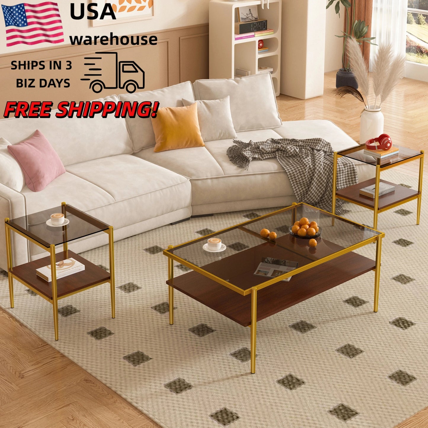 Golden Frame 3 Pieces Glass Coffee Table Set Living Room Coffee Table with Side Tables Set of 3 Drop Shipping Products