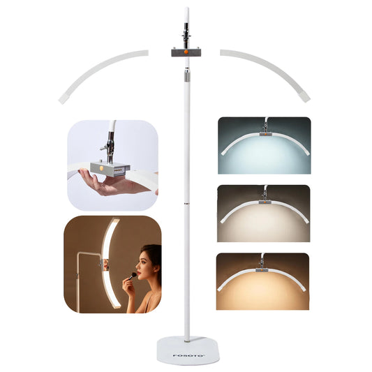 Fosoto Foldable Floor Lamp with Mirror Half Moon Light Led Light Photography Ring Light with Floor Tripod for Beauty Salon Lash
