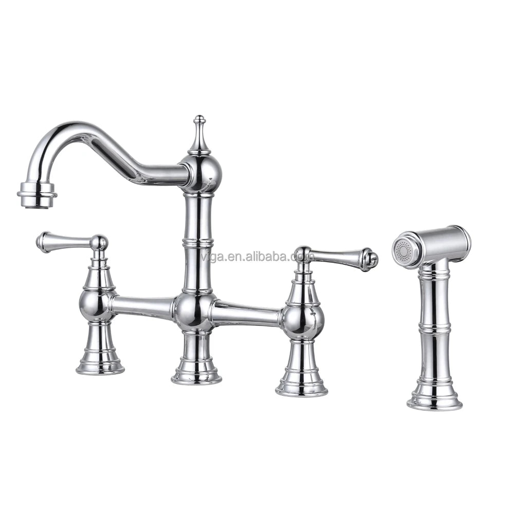 4 Hole Kitchen Faucet, 8 Inch Centerset Brass Bridge Kitchen Tap with Side Sprayer, Vintage Farmhouse Kitchen Sink Faucet Chrome