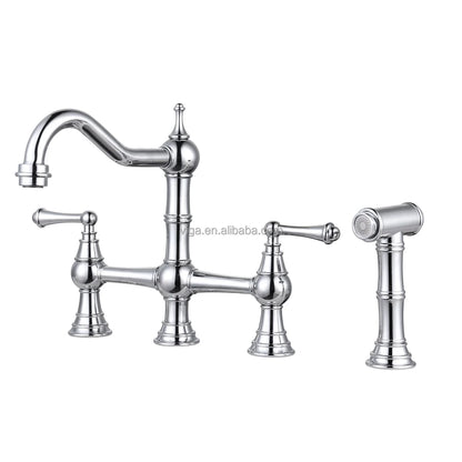 4 Hole Kitchen Faucet, 8 Inch Centerset Brass Bridge Kitchen Tap with Side Sprayer, Vintage Farmhouse Kitchen Sink Faucet Chrome