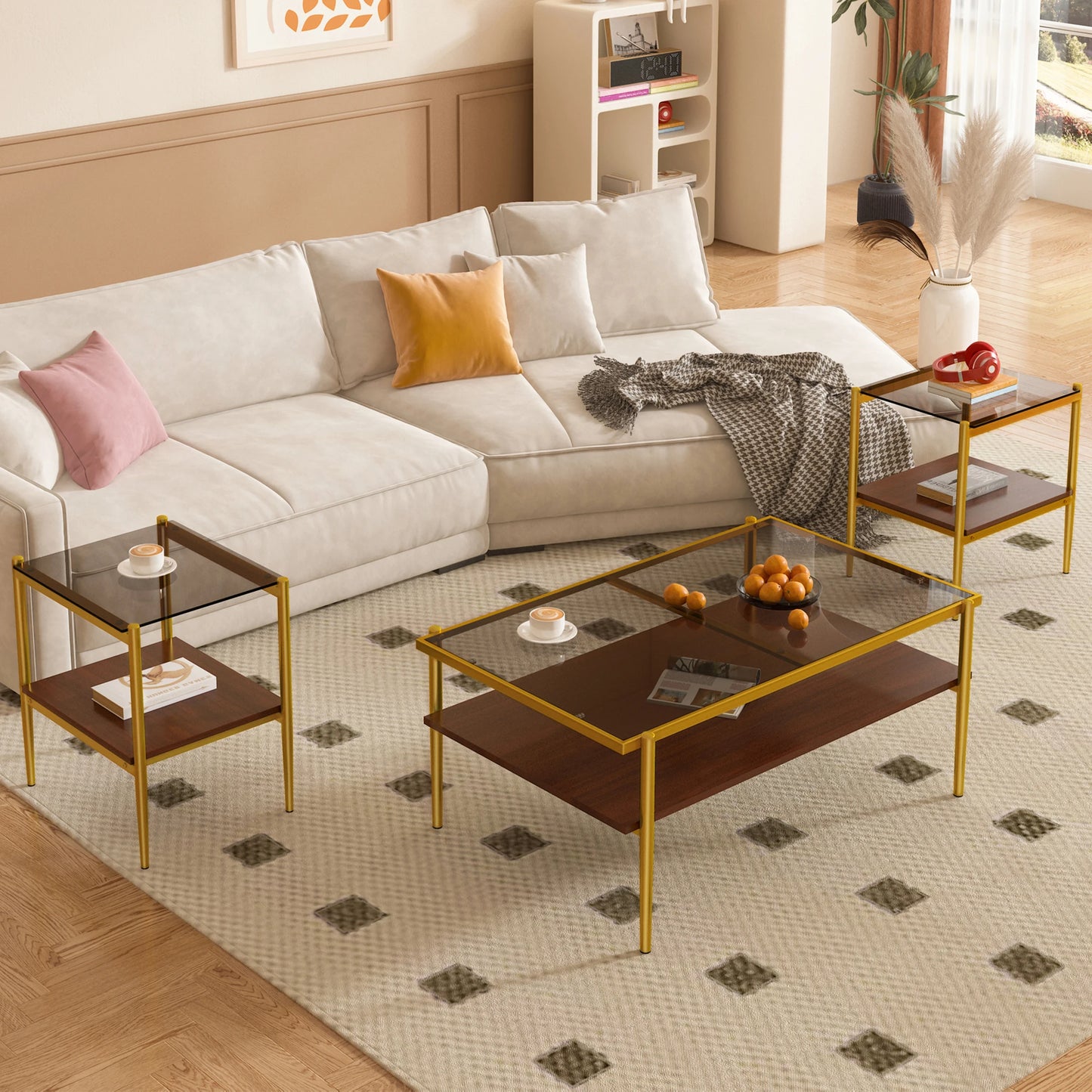Golden Frame 3 Pieces Glass Coffee Table Set Living Room Coffee Table with Side Tables Set of 3 Drop Shipping Products