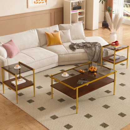 Golden Frame 3 Pieces Glass Coffee Table Set Living Room Coffee Table with Side Tables Set of 3 Drop Shipping Products