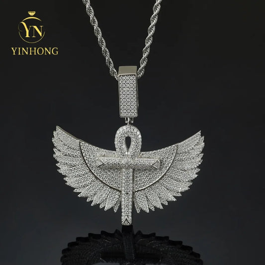 925 Sterling Silver Gold Plated Trendy Angel Wings Moissanite Pendant Jewelry  Iced Out Pave Luxury Hip Hop Men Necklace