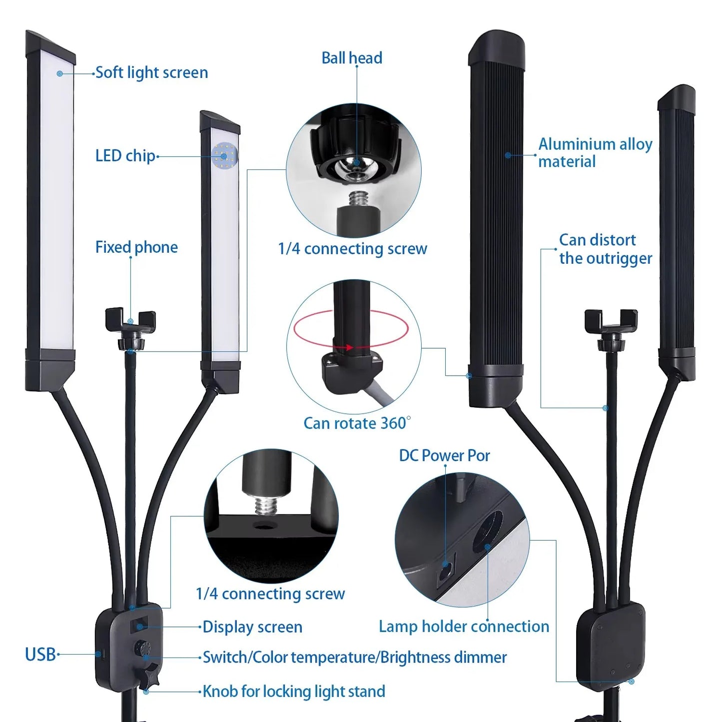 FOSOTO Professional Double Arms Fill Light Beauty Lamp Studio Light with Phone Holder for Makeup Eyelash Tiktok YouTube Vlog