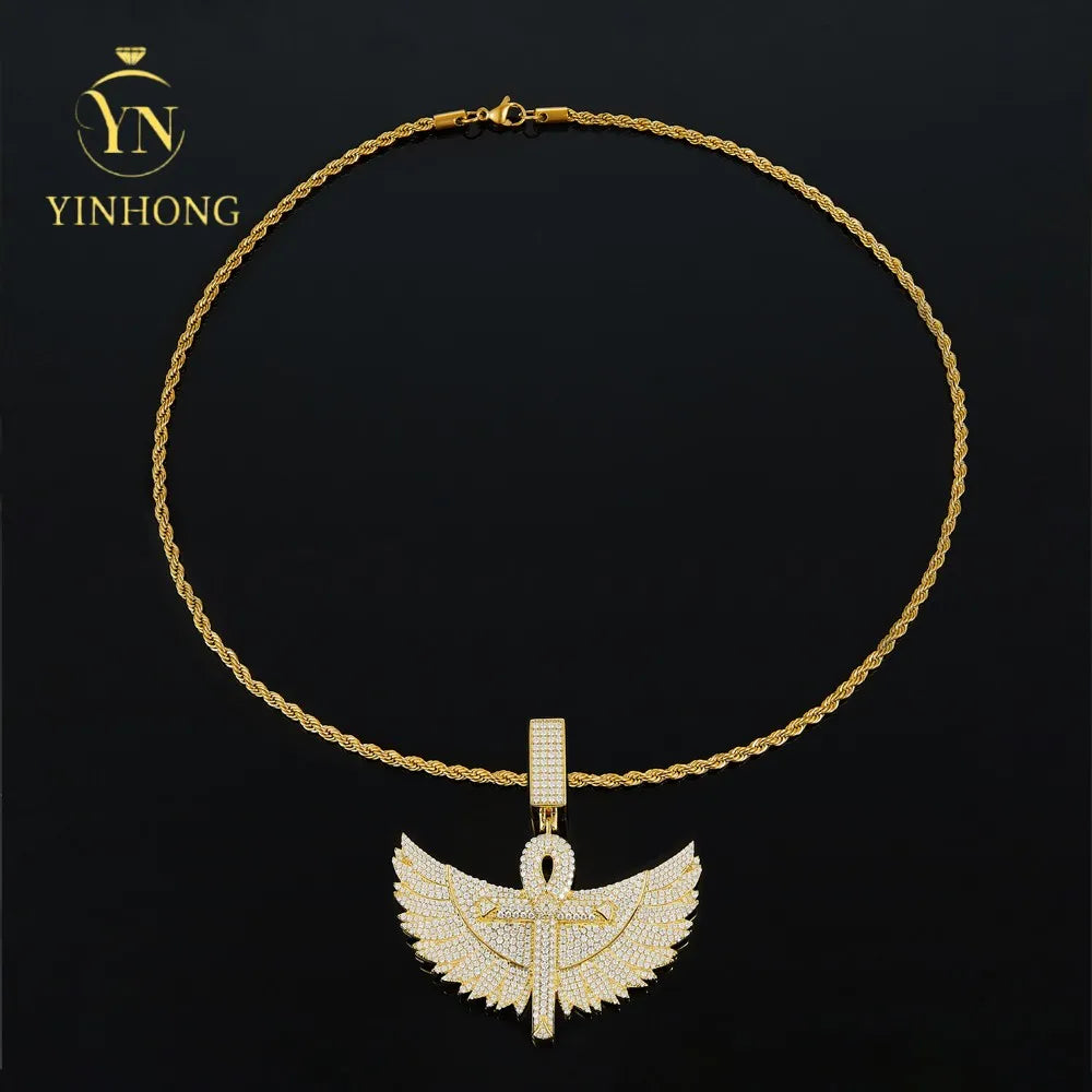 925 Sterling Silver Gold Plated Trendy Angel Wings Moissanite Pendant Jewelry  Iced Out Pave Luxury Hip Hop Men Necklace