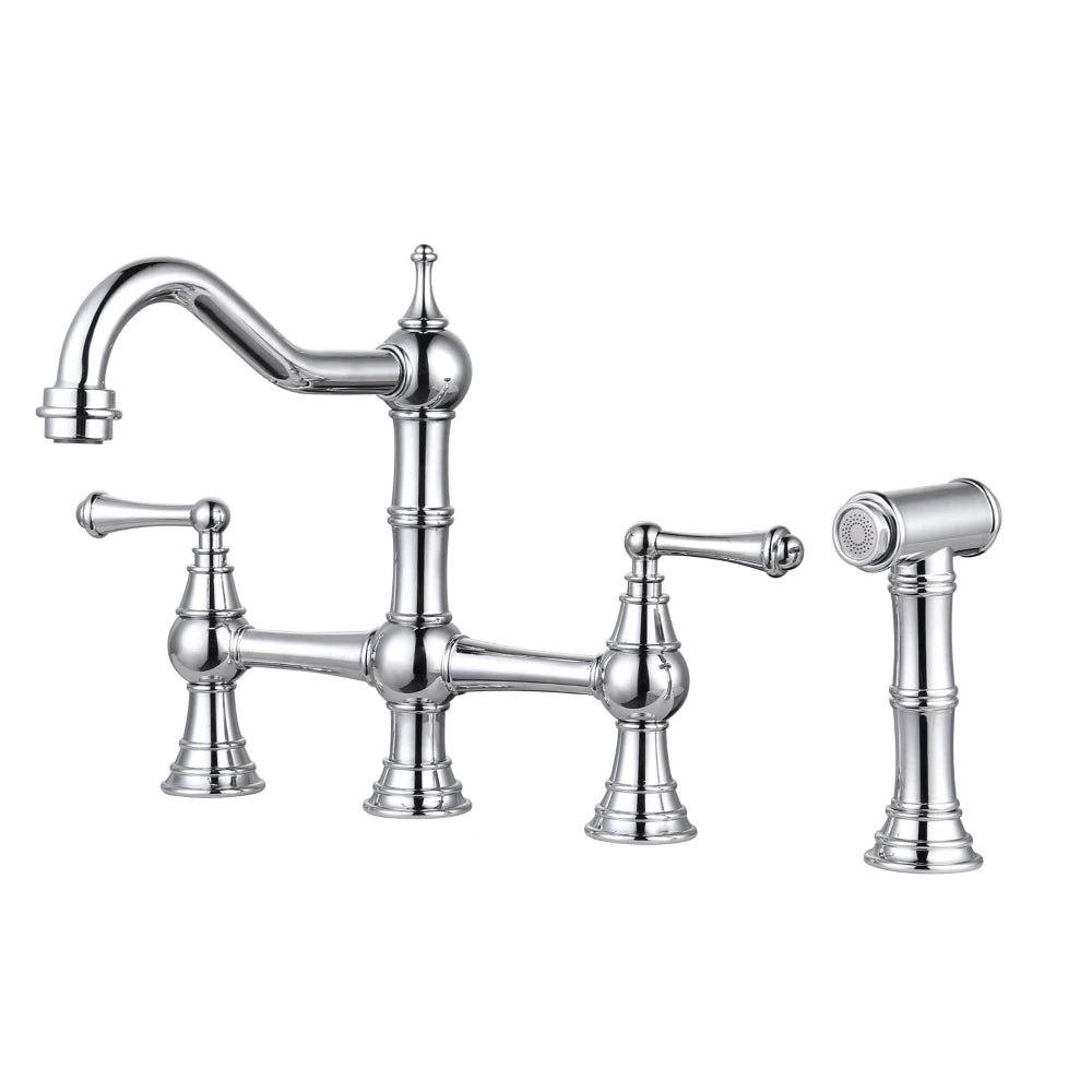 4 Hole Kitchen Faucet, 8 Inch Centerset Brass Bridge Kitchen Tap with Side Sprayer, Vintage Farmhouse Kitchen Sink Faucet Chrome