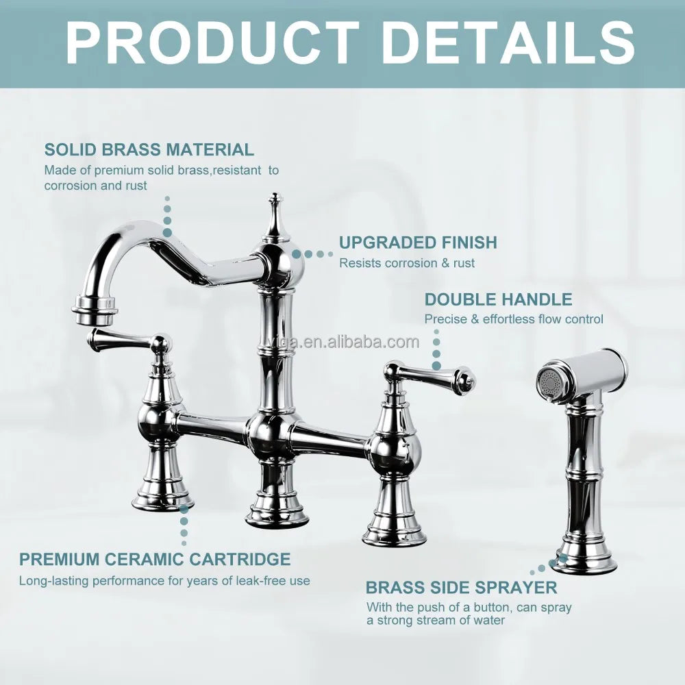 4 Hole Kitchen Faucet, 8 Inch Centerset Brass Bridge Kitchen Tap with Side Sprayer, Vintage Farmhouse Kitchen Sink Faucet Chrome
