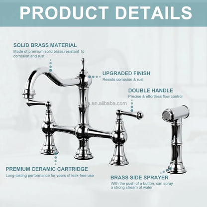 4 Hole Kitchen Faucet, 8 Inch Centerset Brass Bridge Kitchen Tap with Side Sprayer, Vintage Farmhouse Kitchen Sink Faucet Chrome
