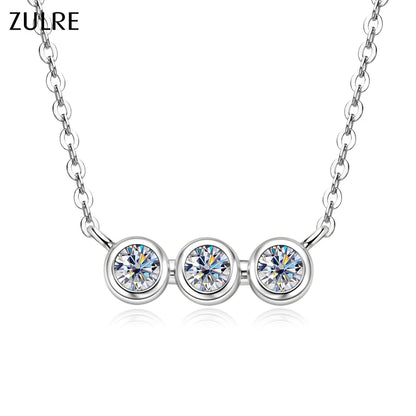 925 Sterling Silver Three-Stone Round Moissanite Necklace Fashionable Link Chain Pendant Necklace Engagement Gift Party Wedding