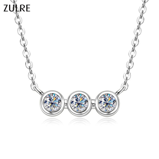 925 Sterling Silver Three-Stone Round Moissanite Necklace Fashionable Link Chain Pendant Necklace Engagement Gift Party Wedding