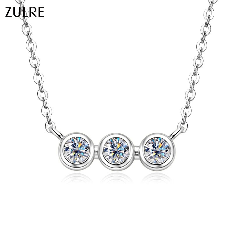 925 Sterling Silver Three-Stone Round Moissanite Necklace Fashionable Link Chain Pendant Necklace Engagement Gift Party Wedding