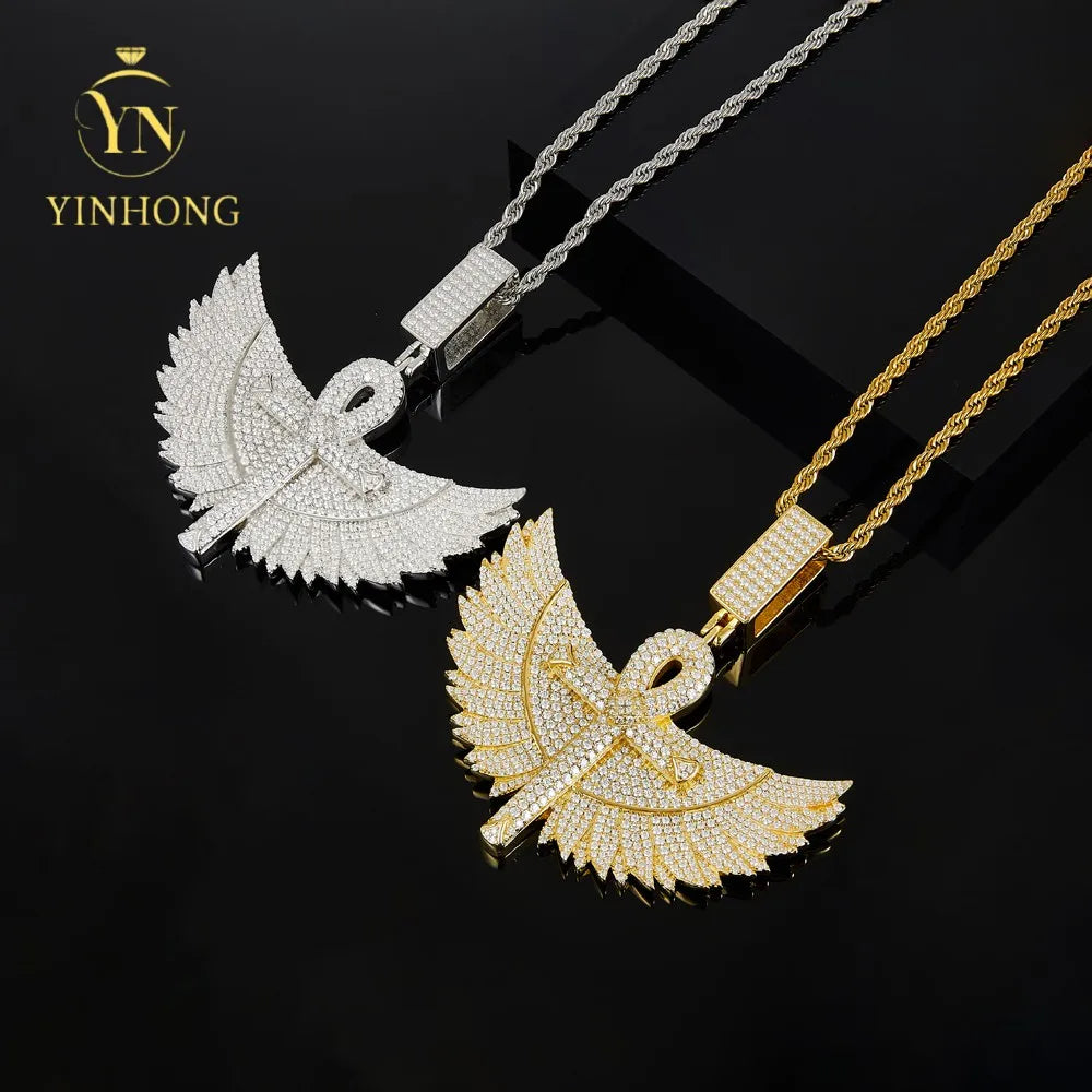 925 Sterling Silver Gold Plated Trendy Angel Wings Moissanite Pendant Jewelry  Iced Out Pave Luxury Hip Hop Men Necklace