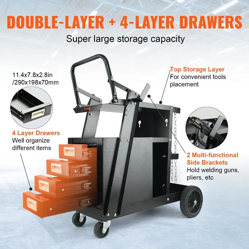 VEVOR Welding Cart, 2-Tier 4 Drawers Welder Cart with 265 LBS Weight Capacity,360degree Swivel Wheels,Tank Storage Safety Chains