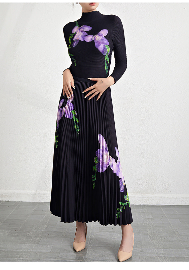 Retro Pleated Fashion Floral Suit Autumn and Winter New Miyake Elastic Top Waist Design Skirt Two-Piece Set