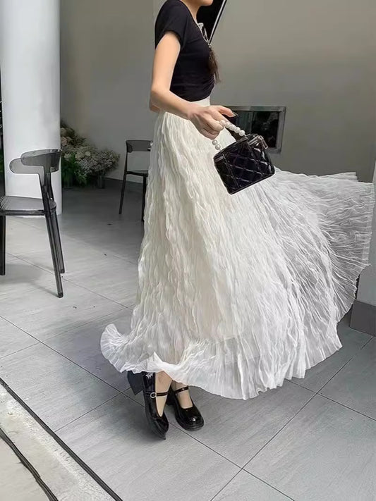 Summer Elegant Wavy Pleated Slimming Look Skirt for Women High Waist Slimming Look Mid-Length A-Line Large Hem Mesh Skirt White