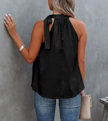 2026 Amazon Summer New Style Halter Neck Bow Leopard Print Satin Sleeveless Vest Top Wholesale