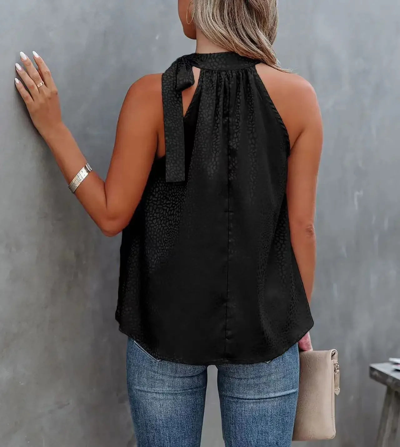 2026 Amazon Summer New Style Halter Neck Bow Leopard Print Satin Sleeveless Vest Top Wholesale