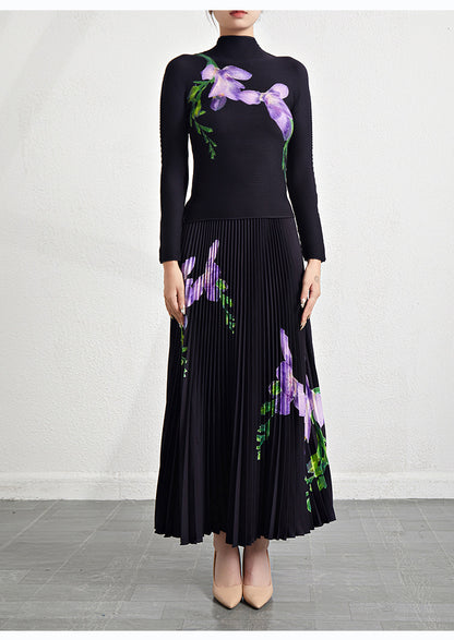 Retro Pleated Fashion Floral Suit Autumn and Winter New Miyake Elastic Top Waist Design Skirt Two-Piece Set