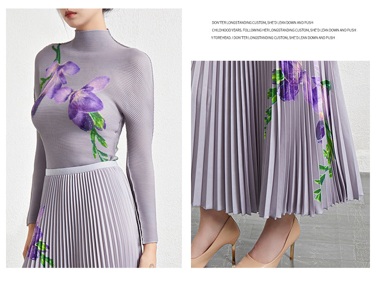 Retro Pleated Fashion Floral Suit Autumn and Winter New Miyake Elastic Top Waist Design Skirt Two-Piece Set