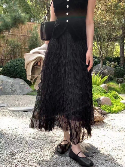 Summer Elegant Wavy Pleated Slimming Look Skirt for Women High Waist Slimming Look Mid-Length A-Line Large Hem Mesh Skirt White