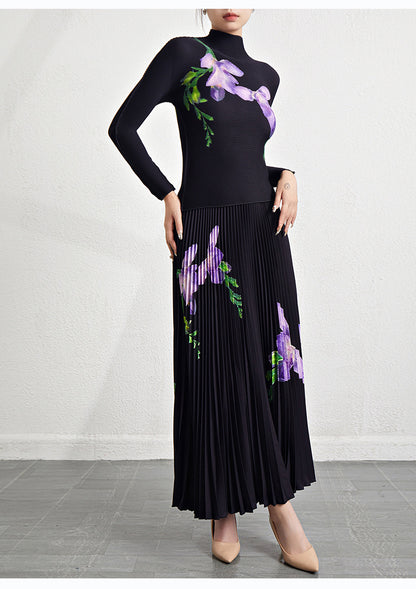 Retro Pleated Fashion Floral Suit Autumn and Winter New Miyake Elastic Top Waist Design Skirt Two-Piece Set