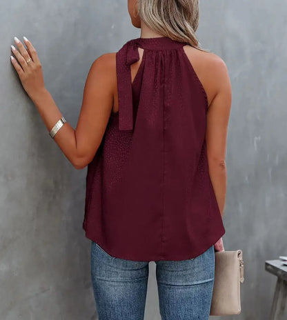 2026 Amazon Summer New Style Halter Neck Bow Leopard Print Satin Sleeveless Vest Top Wholesale