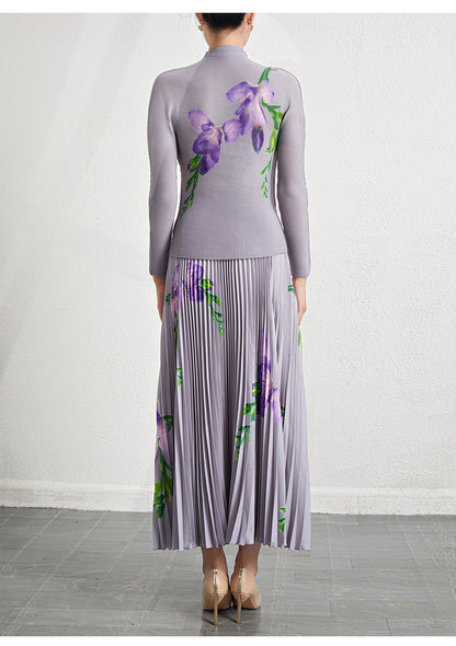 Retro Pleated Fashion Floral Suit Autumn and Winter New Miyake Elastic Top Waist Design Skirt Two-Piece Set