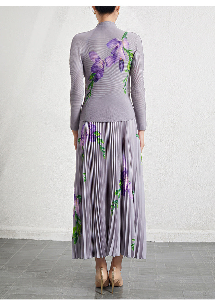 Retro Pleated Fashion Floral Suit Autumn and Winter New Miyake Elastic Top Waist Design Skirt Two-Piece Set