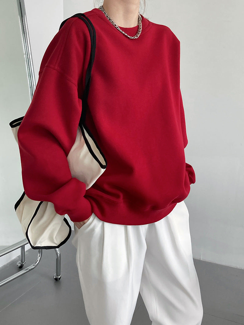 Luxi 2025 Autumn and Winter New Style Velvet Thickeneded Burgundy Sweatshirt for Women Korean Style Normcore Long-Sleeved Pullover Top 2628