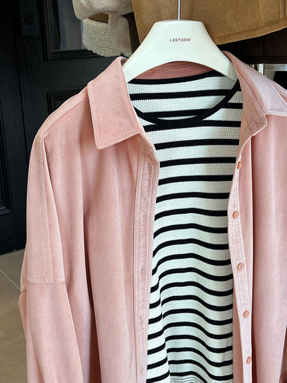 Lushi Japanese-Style Minimalist Thickened Brushed Corduroy Shirt for Women 2025 Autumn Inner Layering Base Shirt 3378