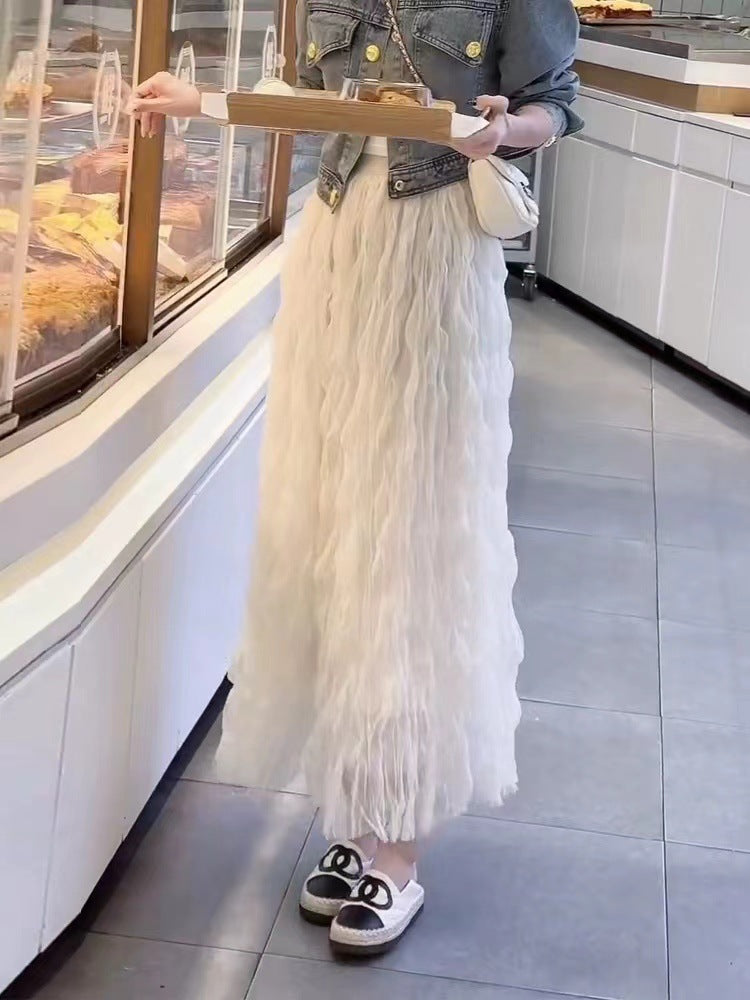 Summer Elegant Wavy Pleated Slimming Look Skirt for Women High Waist Slimming Look Mid-Length A-Line Large Hem Mesh Skirt White