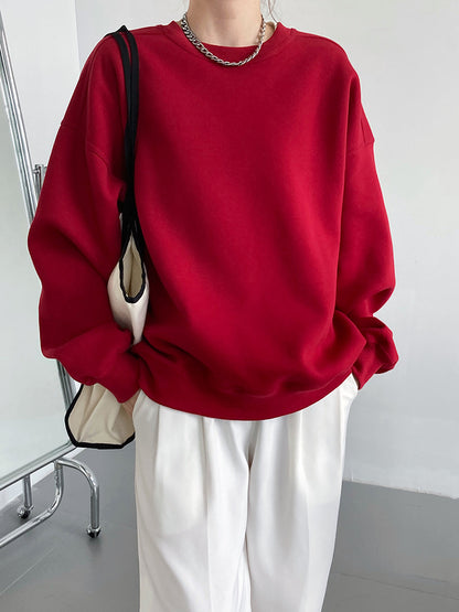 Luxi 2025 Autumn and Winter New Style Velvet Thickeneded Burgundy Sweatshirt for Women Korean Style Normcore Long-Sleeved Pullover Top 2628