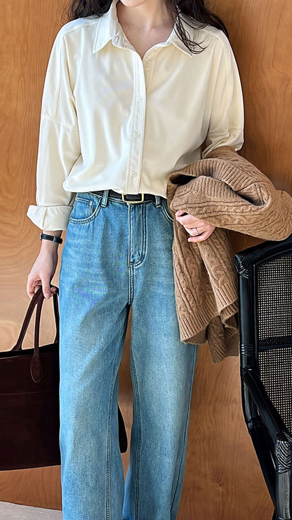 Lushi Japanese-Style Minimalist Thickened Brushed Corduroy Shirt for Women 2025 Autumn Inner Layering Base Shirt 3378