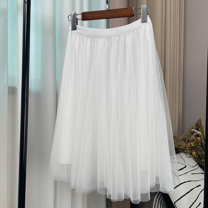 New Style Pleated Skirt, Slimming A-Line Skirt, Women's Spring and Summer Mesh High-Waisted Slim-Fit Elegant Versatile Skirt