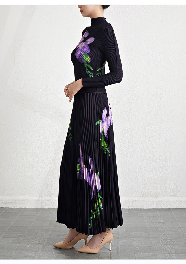 Retro Pleated Fashion Floral Suit Autumn and Winter New Miyake Elastic Top Waist Design Skirt Two-Piece Set