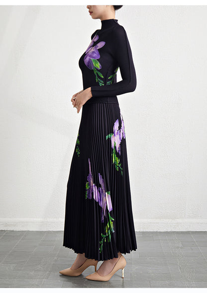Retro Pleated Fashion Floral Suit Autumn and Winter New Miyake Elastic Top Waist Design Skirt Two-Piece Set
