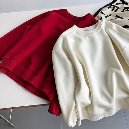 Luxi 2025 Autumn and Winter New Style Velvet Thickeneded Burgundy Sweatshirt for Women Korean Style Normcore Long-Sleeved Pullover Top 2628